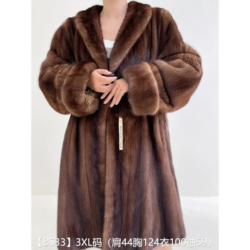 【BS33】3XL码 蜜茶棕全抽长款貂皮大衣皮草外套 青果领挽袖