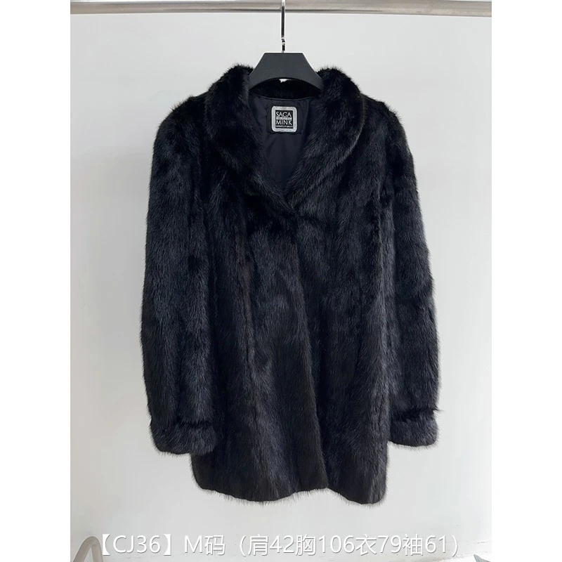 【CJ36】M码 本黑色全抽中长款貂皮大衣皮草外套 翻领泡泡袖