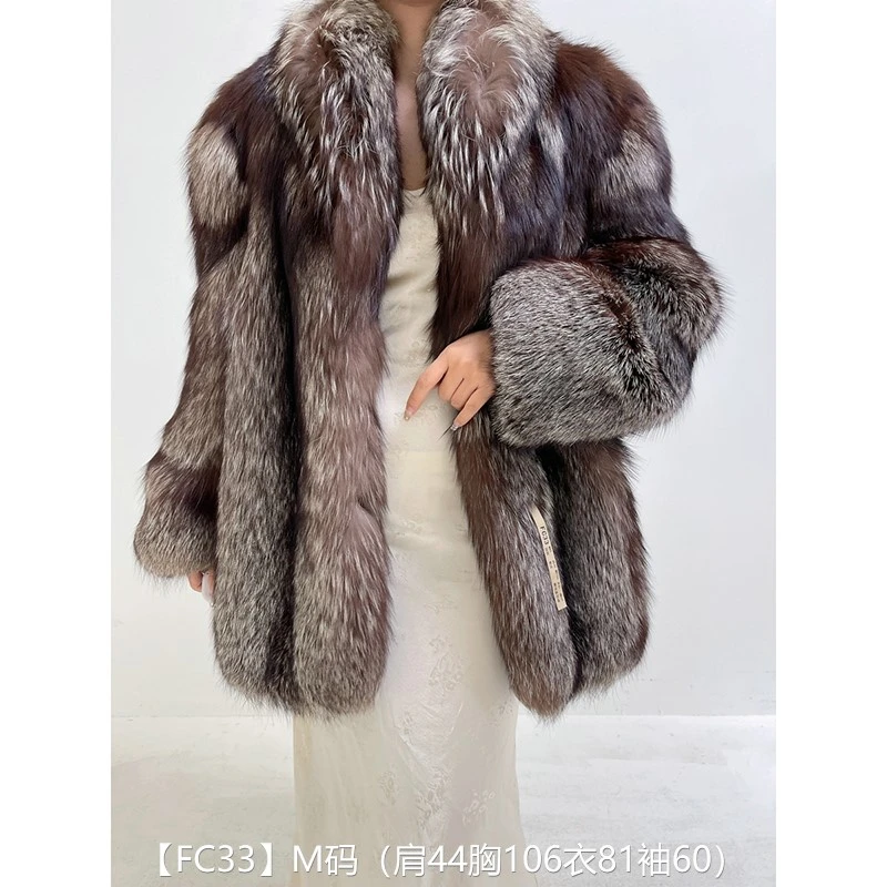 【FC33】M码 银狐整皮中长款狐狸毛外套皮草外套 翻领直筒袖