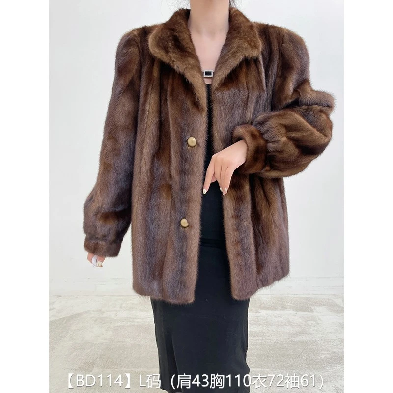 【BD114】L码 冷茶棕全抽短款貂皮大衣皮草外套 翻立领泡泡袖