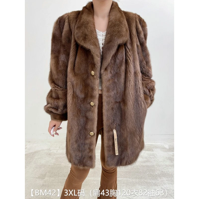 【BM42】3XL码 冷茶棕全抽中长款貂皮大衣皮草外套 翻领泡泡袖