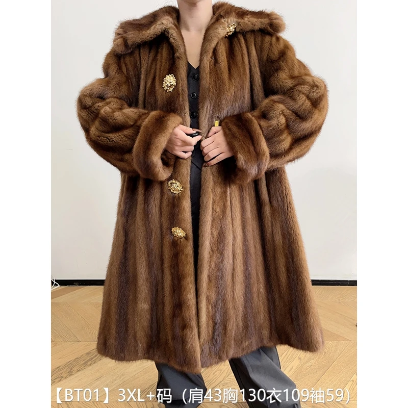【BT01】3XL+码 蜜茶棕全抽超长款貂皮大衣皮草外套 花瓣领挽袖