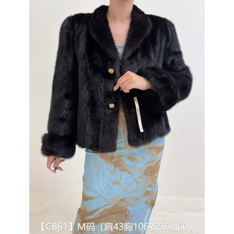 【CB61】M码 棕黑色全抽超短款貂皮大衣皮草外套 翻领挽袖