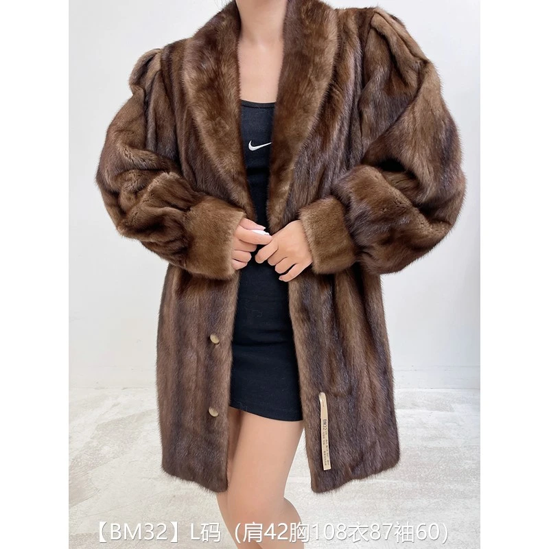 【BM32】L码 冷茶棕全抽中长款貂皮大衣皮草外套 青果领泡泡袖