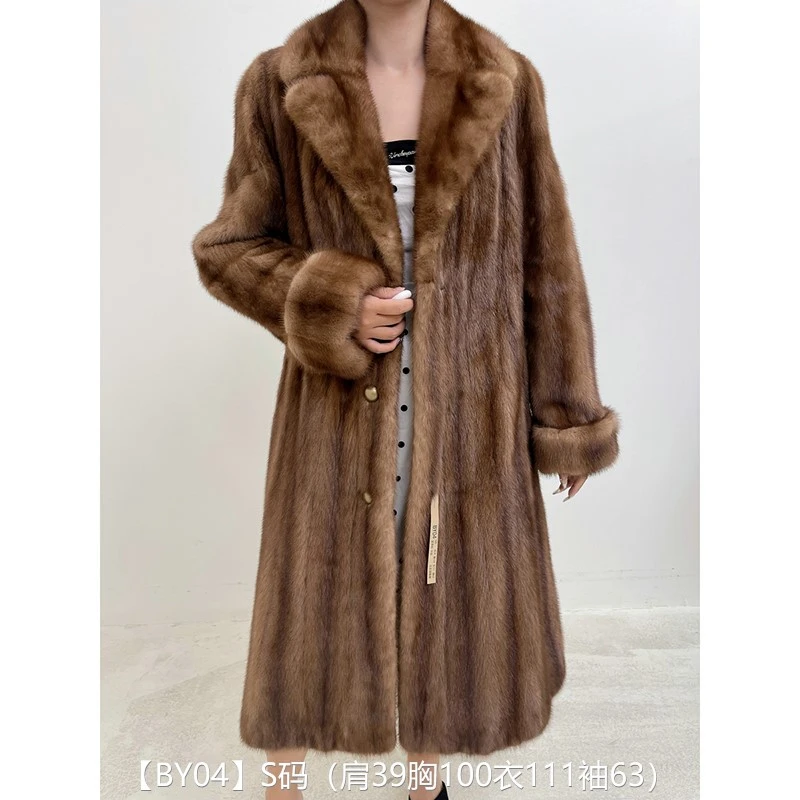 【BY04】S码 蜜茶棕全抽超长款貂皮大衣皮草外套 西装领挽袖