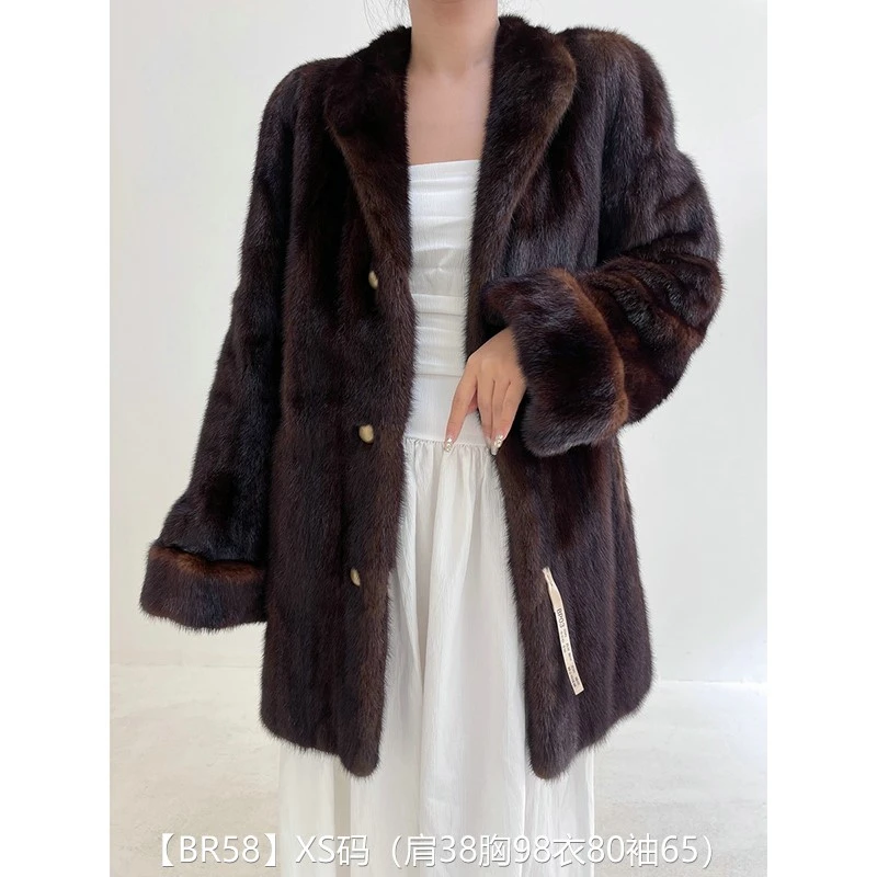 【BR58】XS码 深棕色全抽中长款貂皮大衣外套皮草 翻立领挽袖