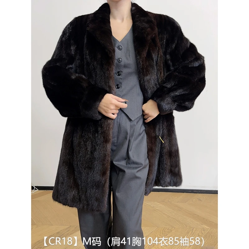 【CR18】M码 棕黑色宝嘉美中长款貂皮大衣中古皮草 翻领泡泡袖