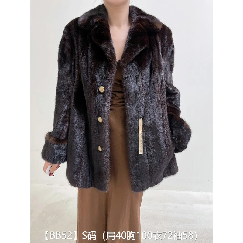 【BB52】S码 深棕色全抽短款貂皮大衣外套皮草 西装领挽袖