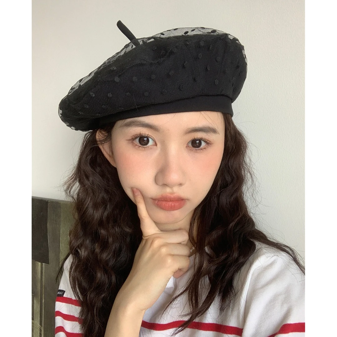 【清纯蕾丝女孩】黑色波点网纱贝雷帽女大头围显脸小气质画家帽潮