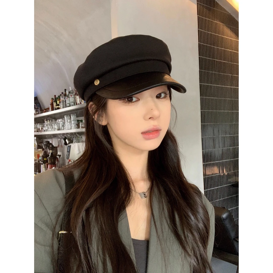 八角帽子女秋冬时尚网红2023新款显瘦小金属贝雷鸭舌帽平顶帽