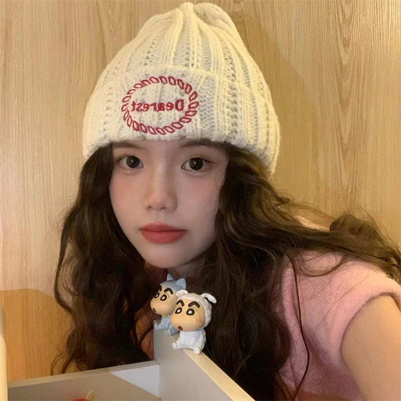 帽子女韩版ins字母刺绣毛线帽秋冬保暖护耳学生百搭显脸小针织帽