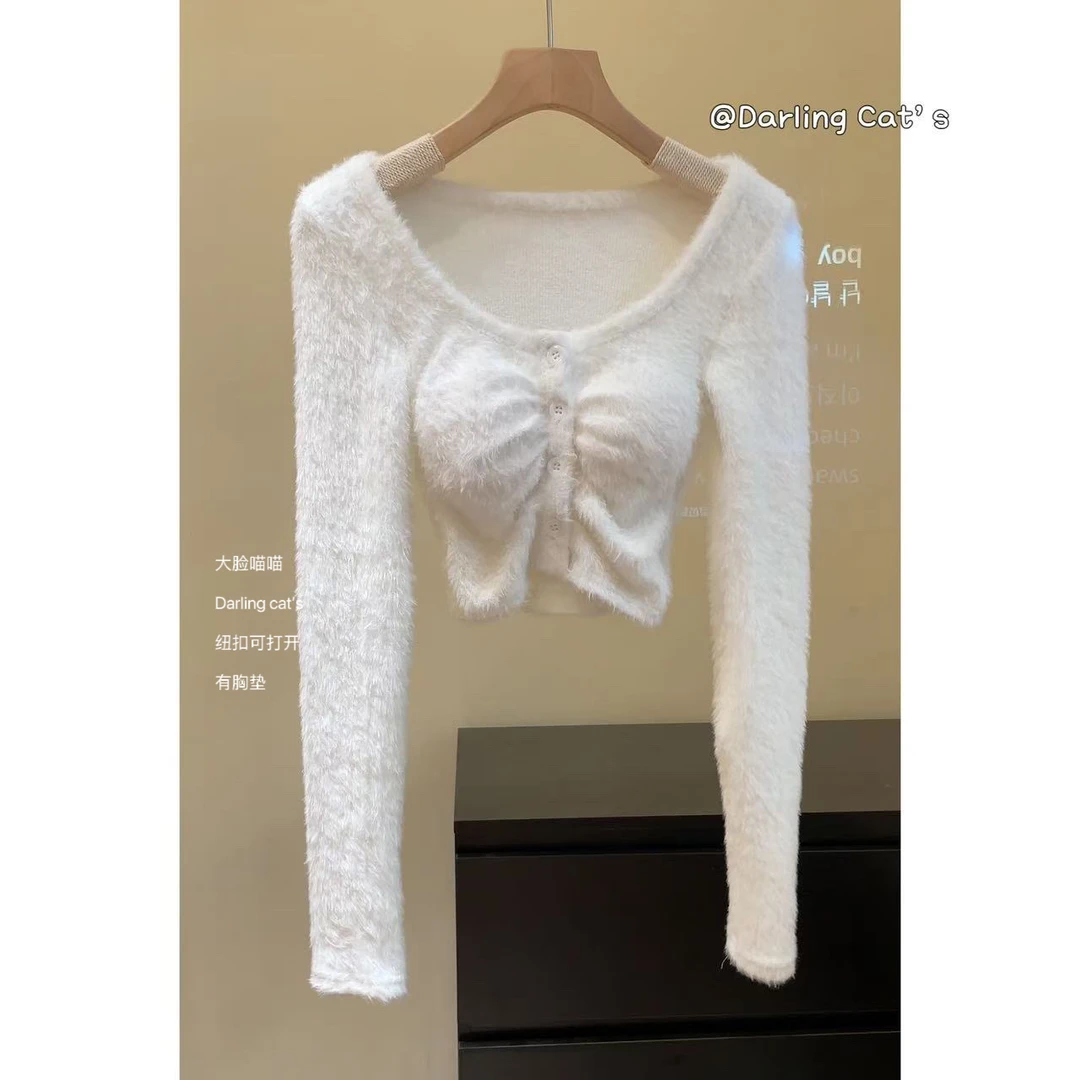 大脸喵 2024年秋冬新款韩系甜辣妹短款小个子长袖针织衫上衣