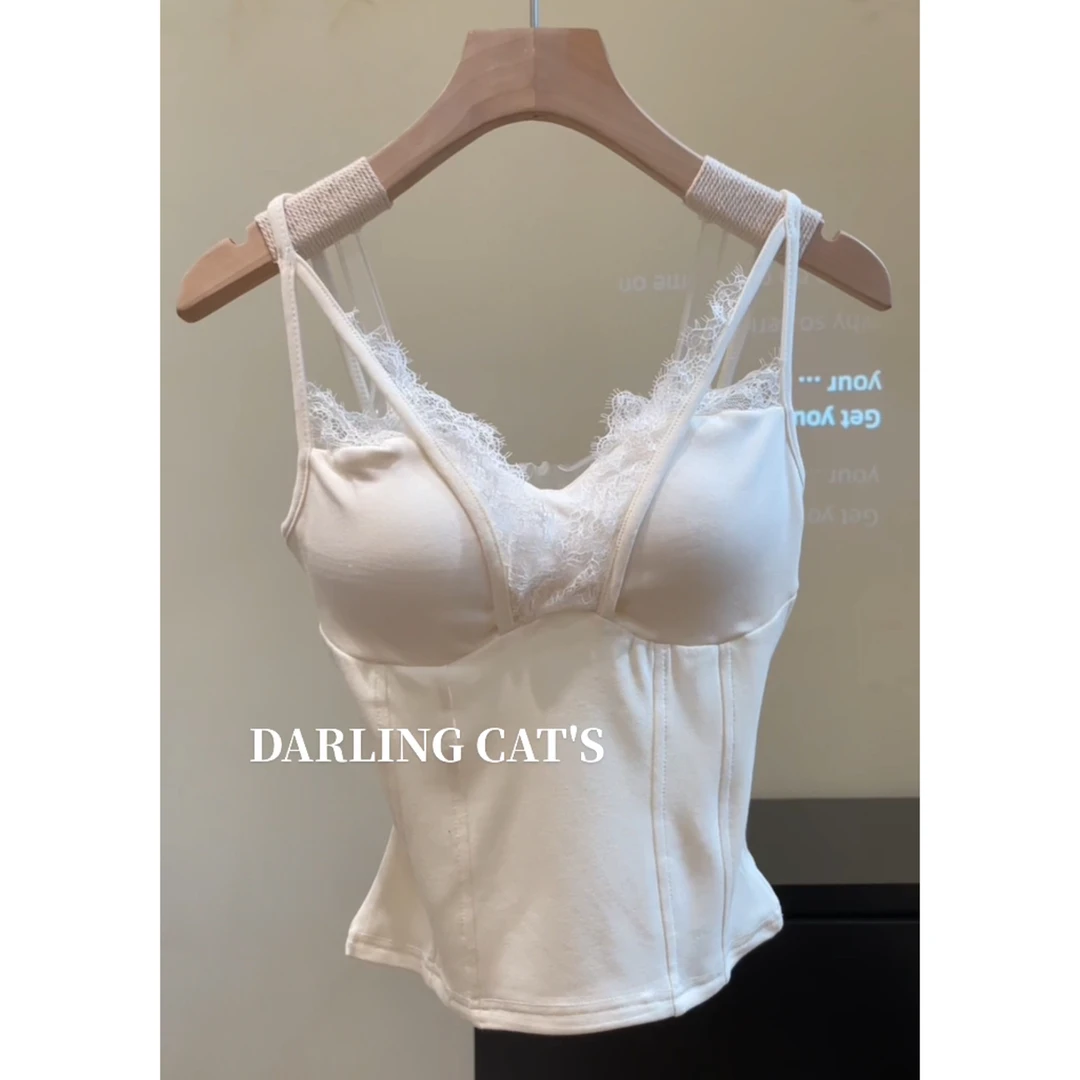 大脸喵 绝辣芭比 设计感收腰外穿蕾丝吊带背心女纯欲打底内搭上衣