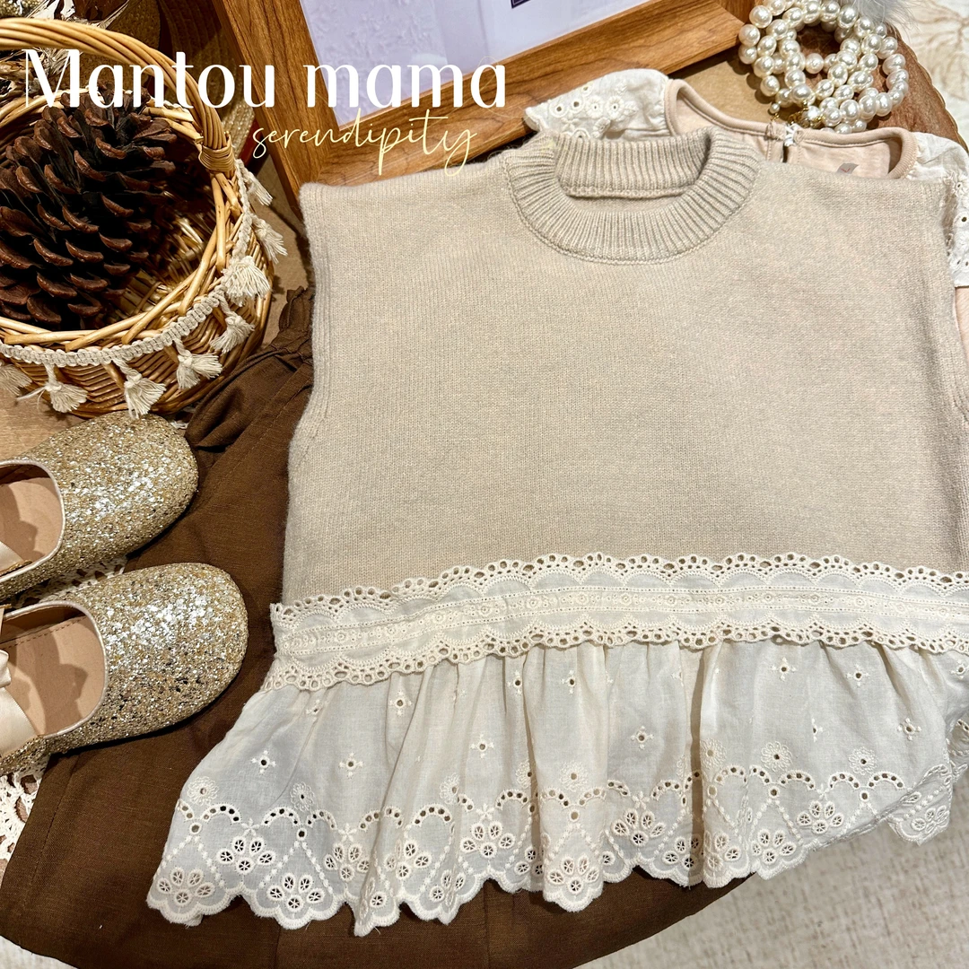 【Mt studio】3【现货】田园风花边针织马甲慵懒松弛春秋女童拼接上衣