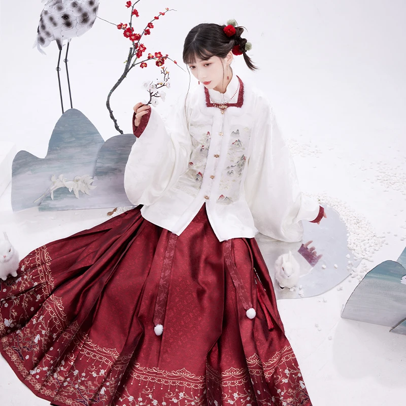 池夏 【山雪初融】加绒仿妆花补服马面裙原创汉服明制刺绣立领