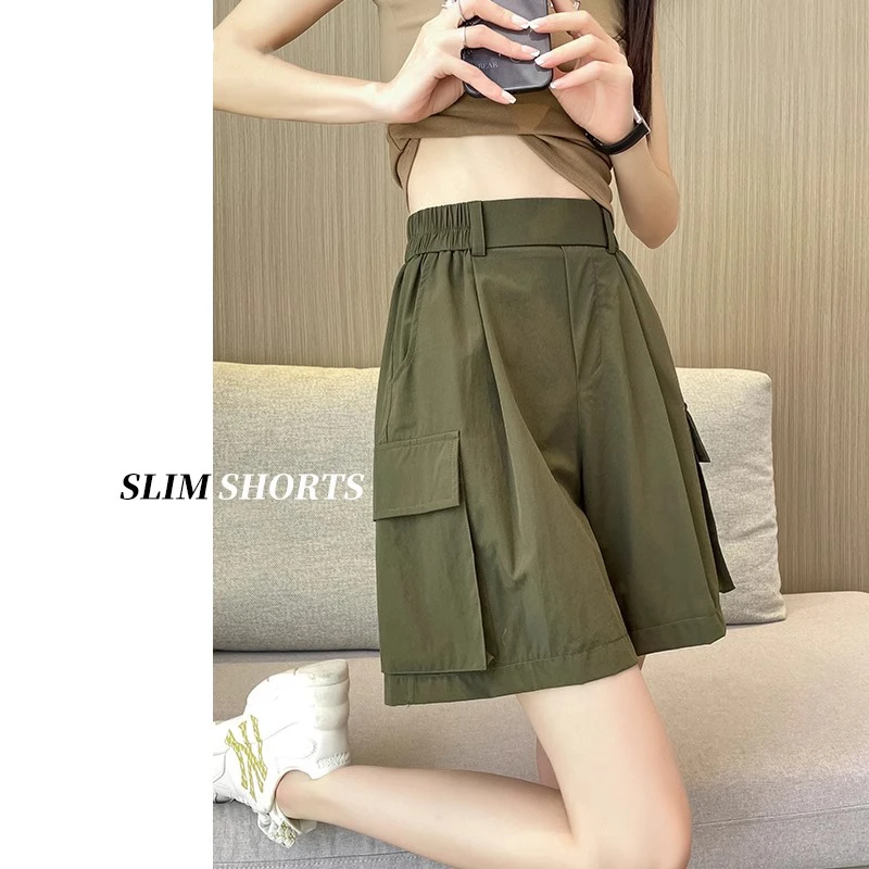 美式工装短裤女夏季薄款2024新款高腰垂感冰丝速干五分阔腿运动裤