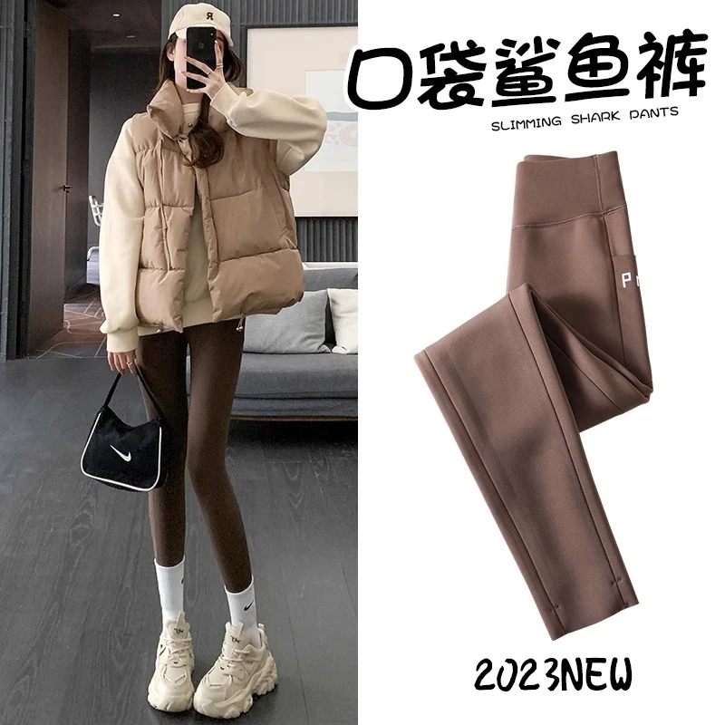 口袋鲨鱼裤女外穿打底裤秋冬加绒2023新款高腰收腹提臀瑜伽芭比裤