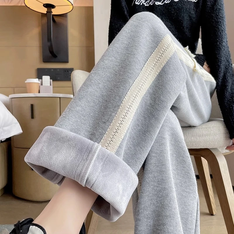 加绒阔腿运动裤女秋冬2023年新款高腰显瘦小个子拖地休闲直筒卫裤