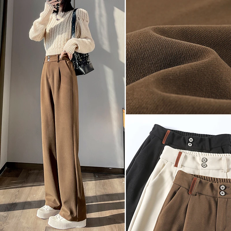 咖色毛呢阔腿裤女秋冬加厚高腰垂感小个子直筒宽松拖地休闲西装裤