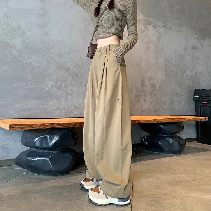 卡其色美式工装裤女春秋季2024新款高腰宽松显瘦休闲运动阔腿裤子