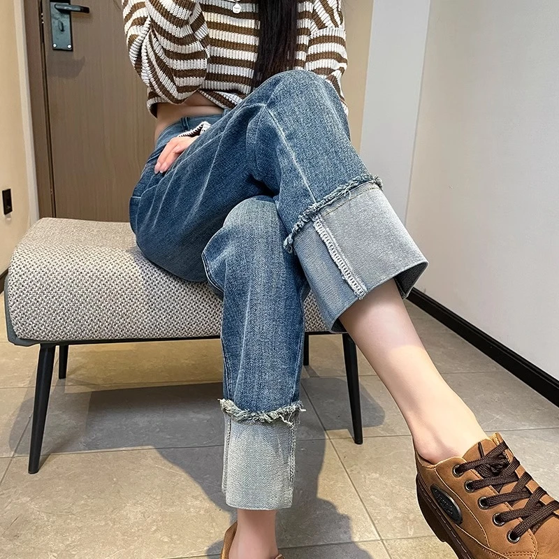 卷边直筒牛仔裤女春秋2024年新款高腰宽松显瘦小个子九分烟管裤子