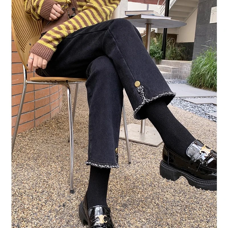 直筒加绒牛仔裤女秋冬季2025新款高腰显瘦开叉小个子毛边烟管裤子