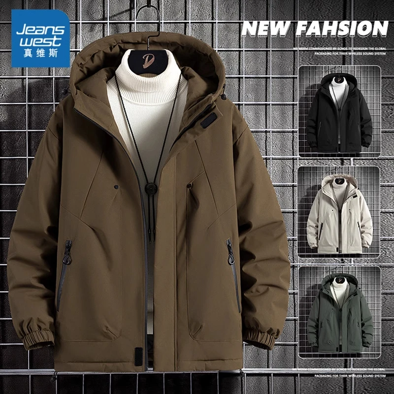 Jeanswest/真维斯秋冬季加厚连帽棉衣男士潮牌百搭休闲保暖冲锋衣