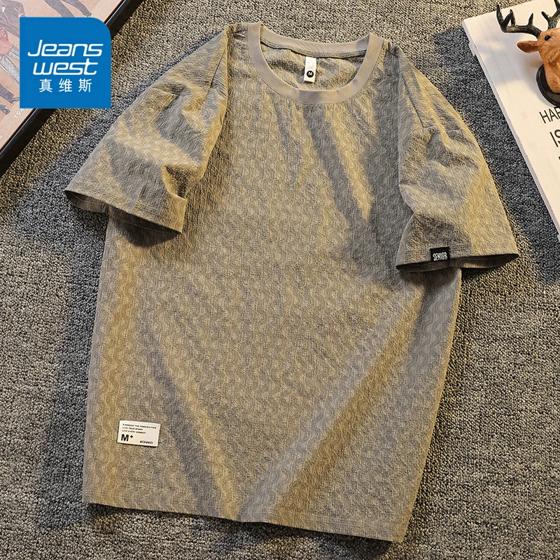 Jeanswest/真维斯夏季薄款短袖T恤男士潮流宽松休闲百搭圆领上衣