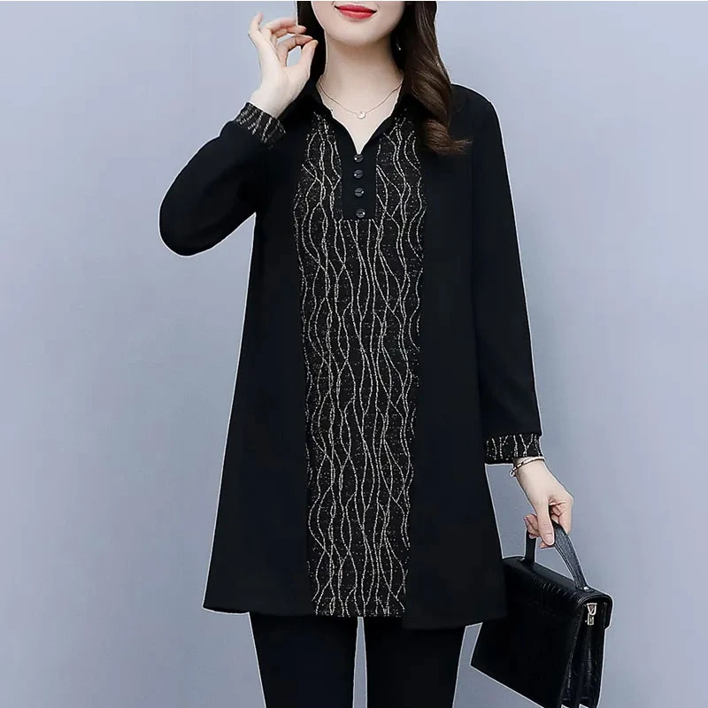 5372大码洋气中长打底衫衬衫女装140斤妈妈春秋新款显瘦长袖上衣