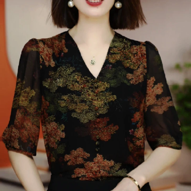 5452高档大码女装高级衬衫夏季新款胖人加肥宽松遮肚v领套头上衣