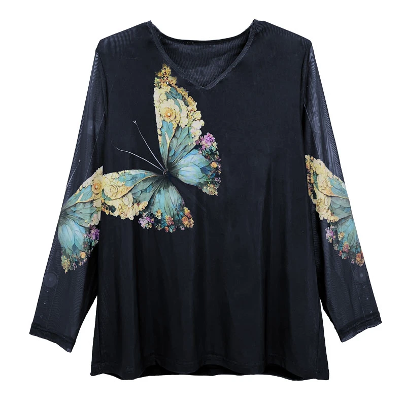 5418大码女装网纱上衣加肥加大打底小衫春秋新款洋气印花长袖t恤