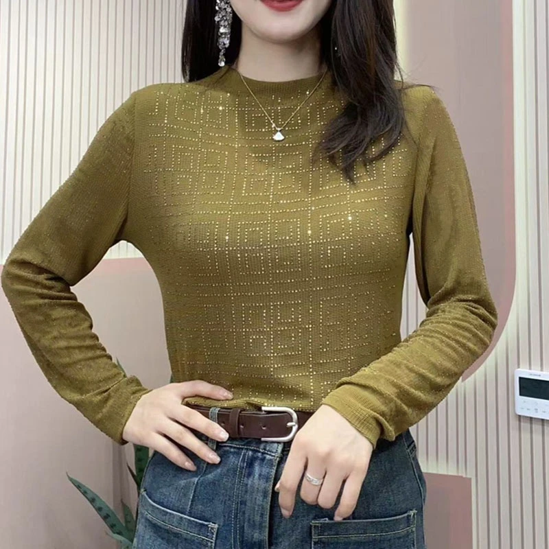 5363大码女装春秋打底衫百搭纯色方块烫钻上衣遮肚显瘦T恤衫洋气