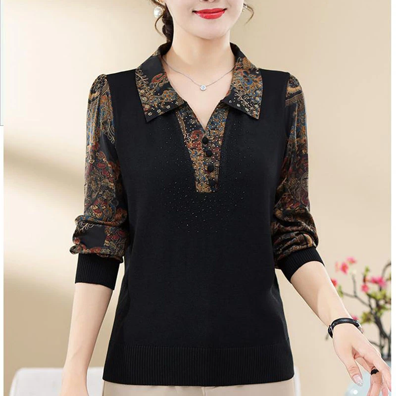 5388大码胖妈妈加大翻领长袖t恤假两件春秋遮肚小衫洋气套头上衣