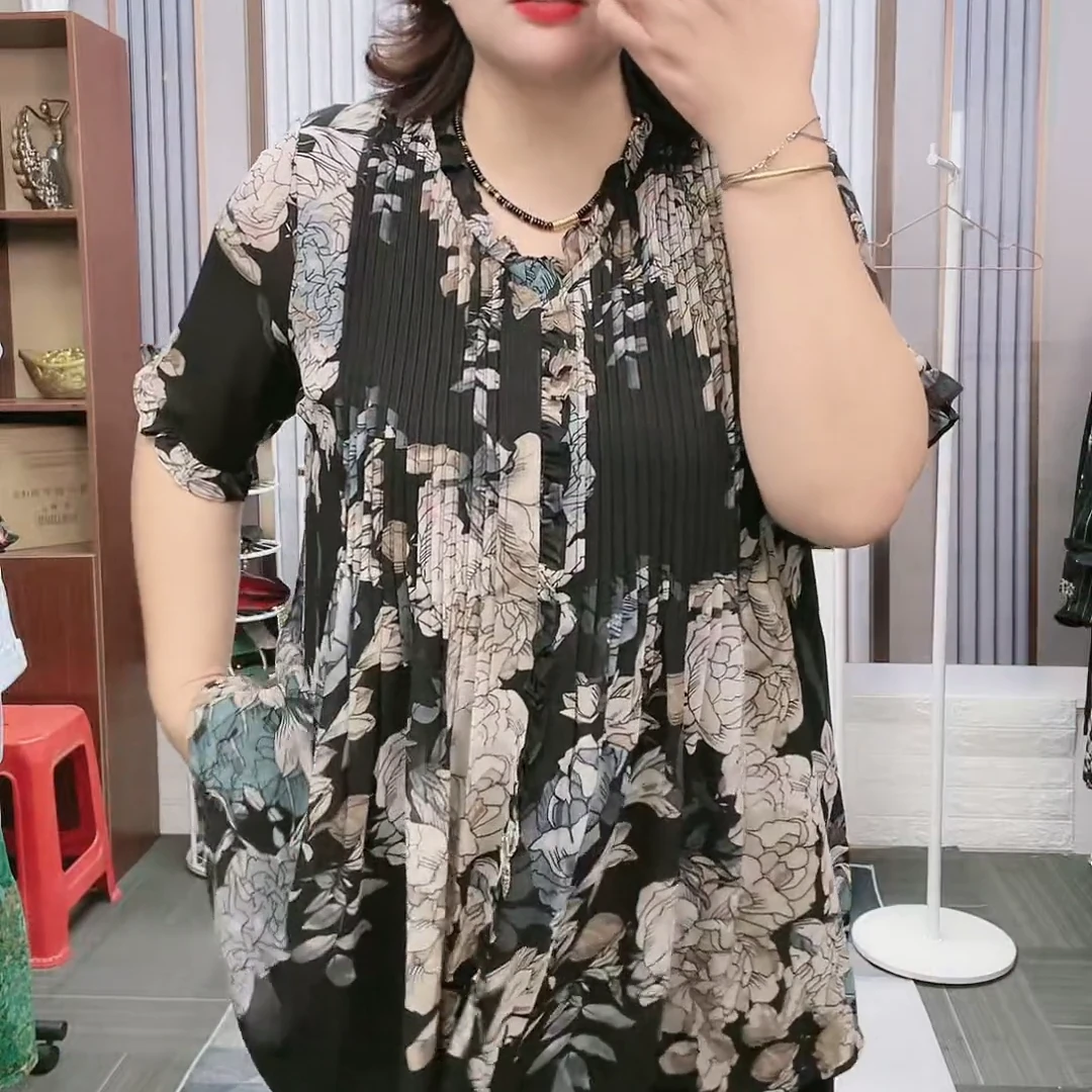 5290高档大码女装宽松雪纺衬衫夏季新款衣服气质短袖木耳边上衣女