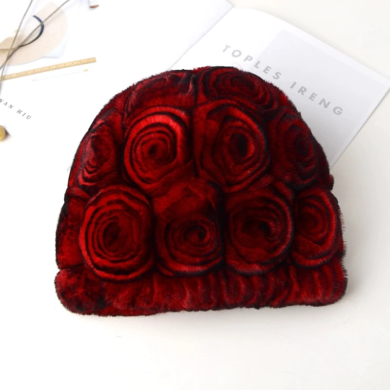 韩版獭兔毛皮草圆顶帽女冬季保暖时尚妈妈单层毛线加厚玫瑰花帽子