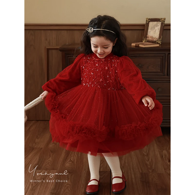 幼悠【沙伦玫瑰】女童秋冬季保暖洋气连衣裙 纯色亮晶网纱裙 WD0035