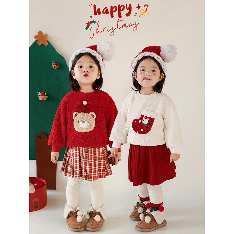 幼悠女童圣诞贴布绣花加绒卫衣冬季儿童萌趣可爱保暖上衣潮CD1156