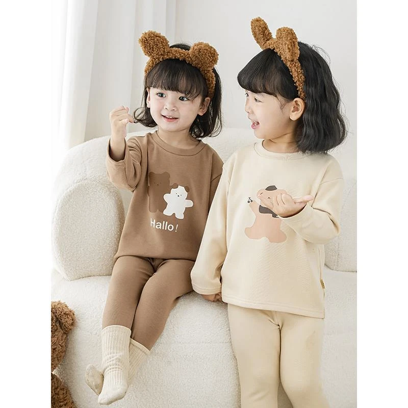 【YOEHYAUL幼悠】D2213 幼悠冬季胶印萌熊绵密保暖抓毛家居服套装