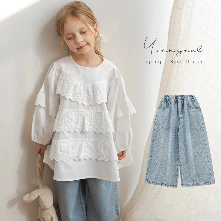 【清】春三波女童牛仔拖地裤儿童甜美可爱柔软纯色直筒裤子 X4433