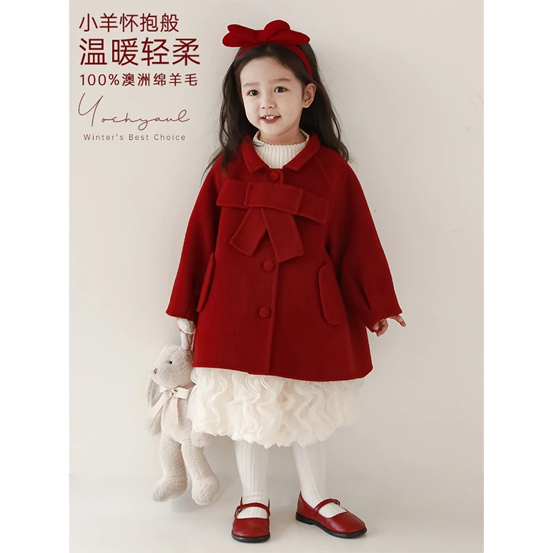 YOEHYAUL/幼悠儿童秋冬季保暖百搭红色洋气女童喜庆呢大衣 LD0012