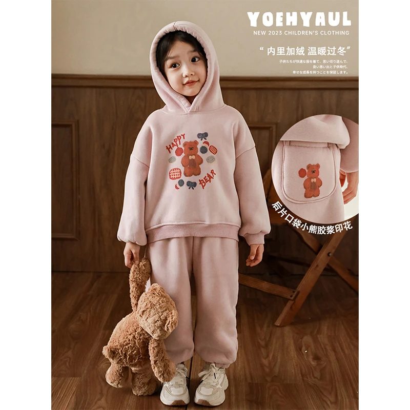 幼悠儿童卫衣套装冬季连帽加绒女宝套装秋冬卡通两件套童装CD1130