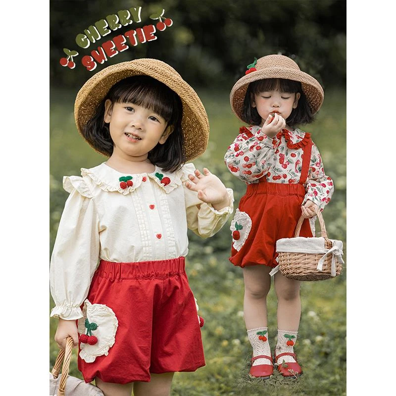 【YOEHYAUL幼悠】Q2392 春秋儿童女宝童装漫野果香翻领樱桃绣衬衫