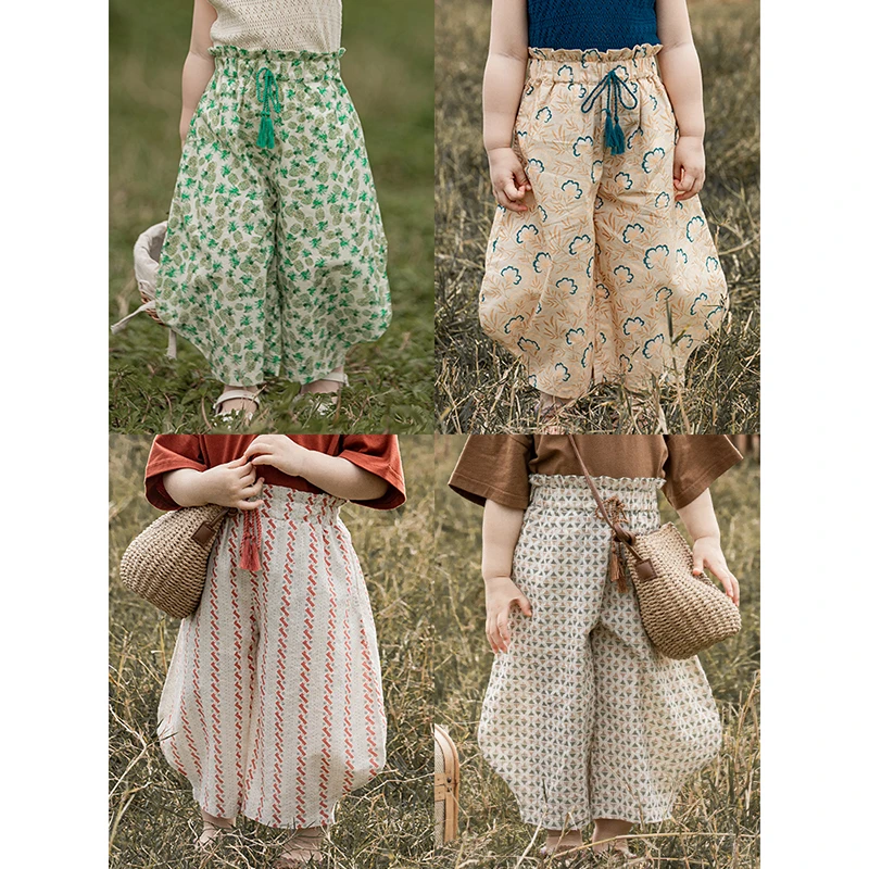 【YOEHYAUL幼悠】X2364女童梭织裤显瘦宽松碎花束脚裤木耳花边长裤