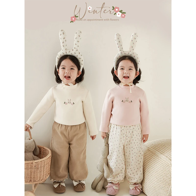 YOEHYAUL/幼悠儿童秋冬季百搭针织女童花朵小兔刺绣打底衫 CD1119