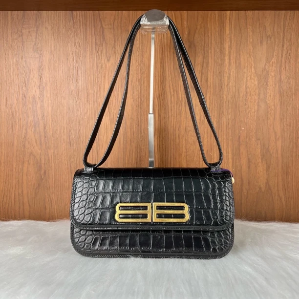 99新 Balenciaga/巴黎世家 gossip黑金鳄鱼中号法棍腋下/00080
