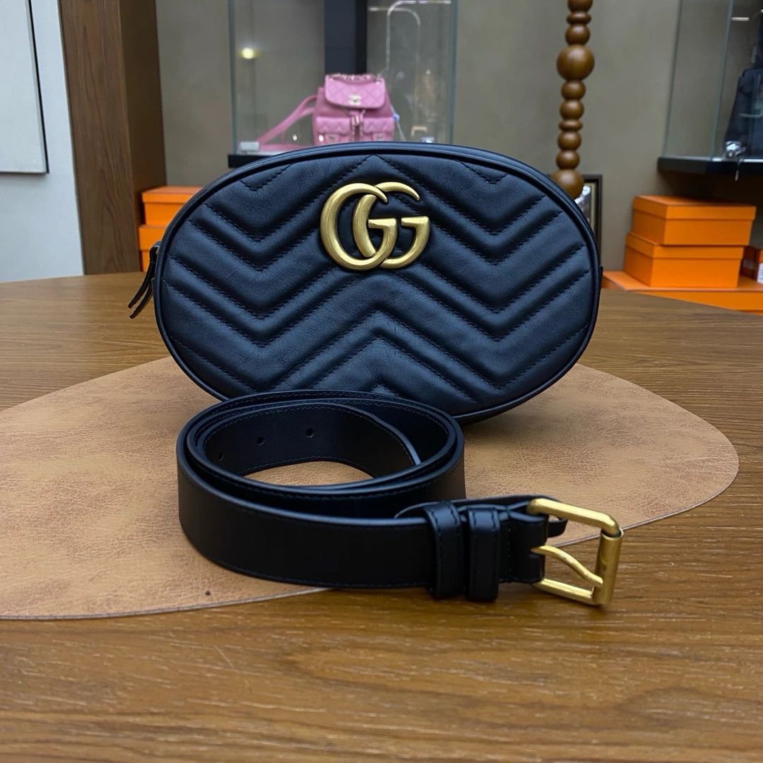95新 GUCCI/古驰 马蒙黑色腰包中号长22/00128