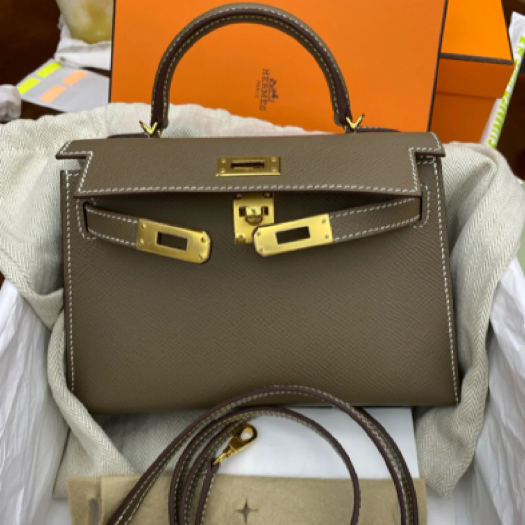 99新 Hermes/爱马仕 miniKelly二代大象灰金扣B刻全套/00097