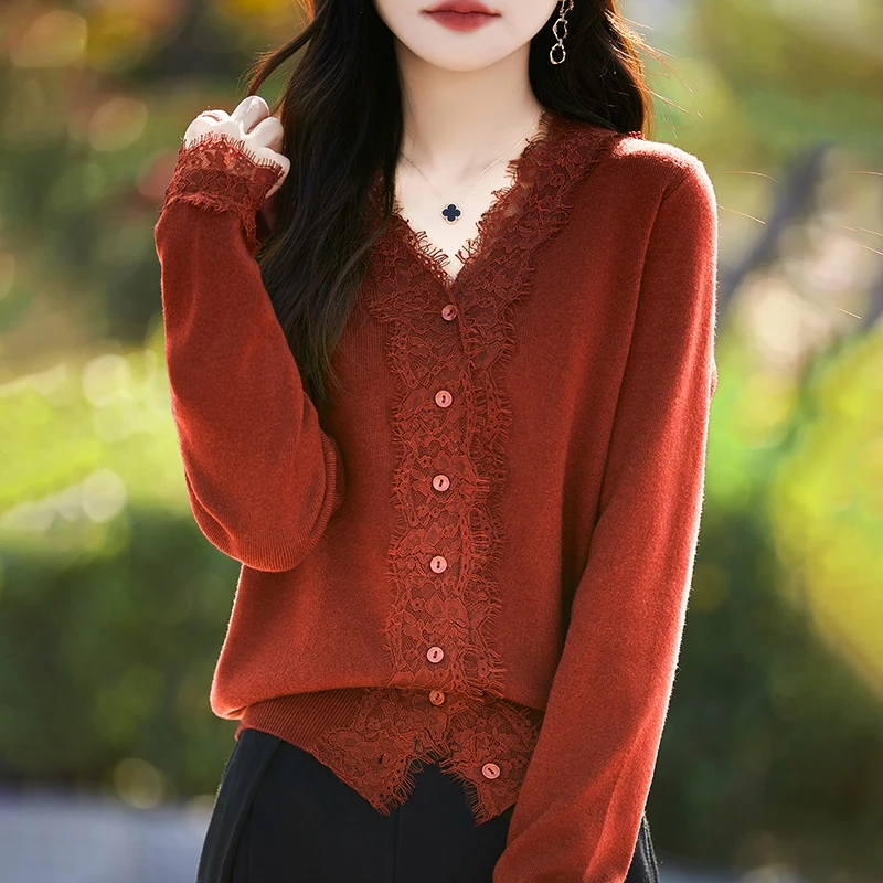 MZ.蕾丝花边V领针织开衫纯色百搭外套上衣NS3373