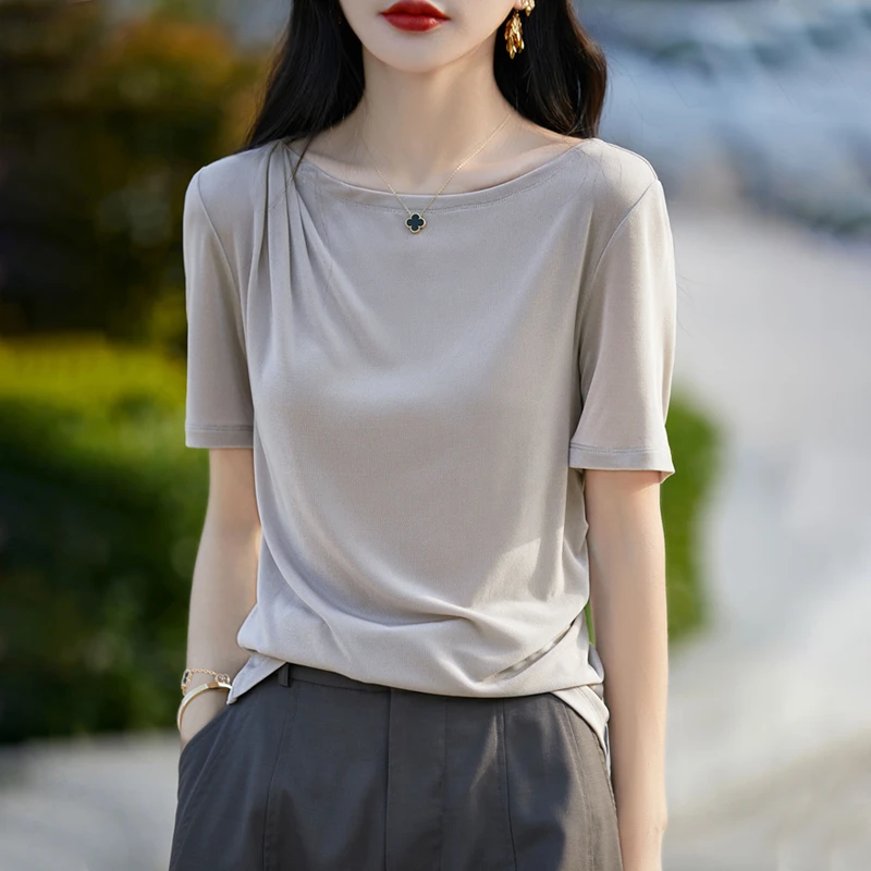 MZ.一字领醋酸丝滑褶皱短袖显瘦洋气设计感T恤半袖ZW139