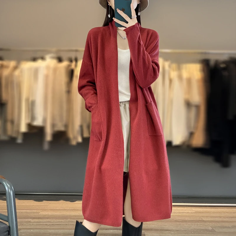 MZ.慵懒风100%纯羊毛女中长款开衫秋季新款时尚过膝羊毛大衣XS358